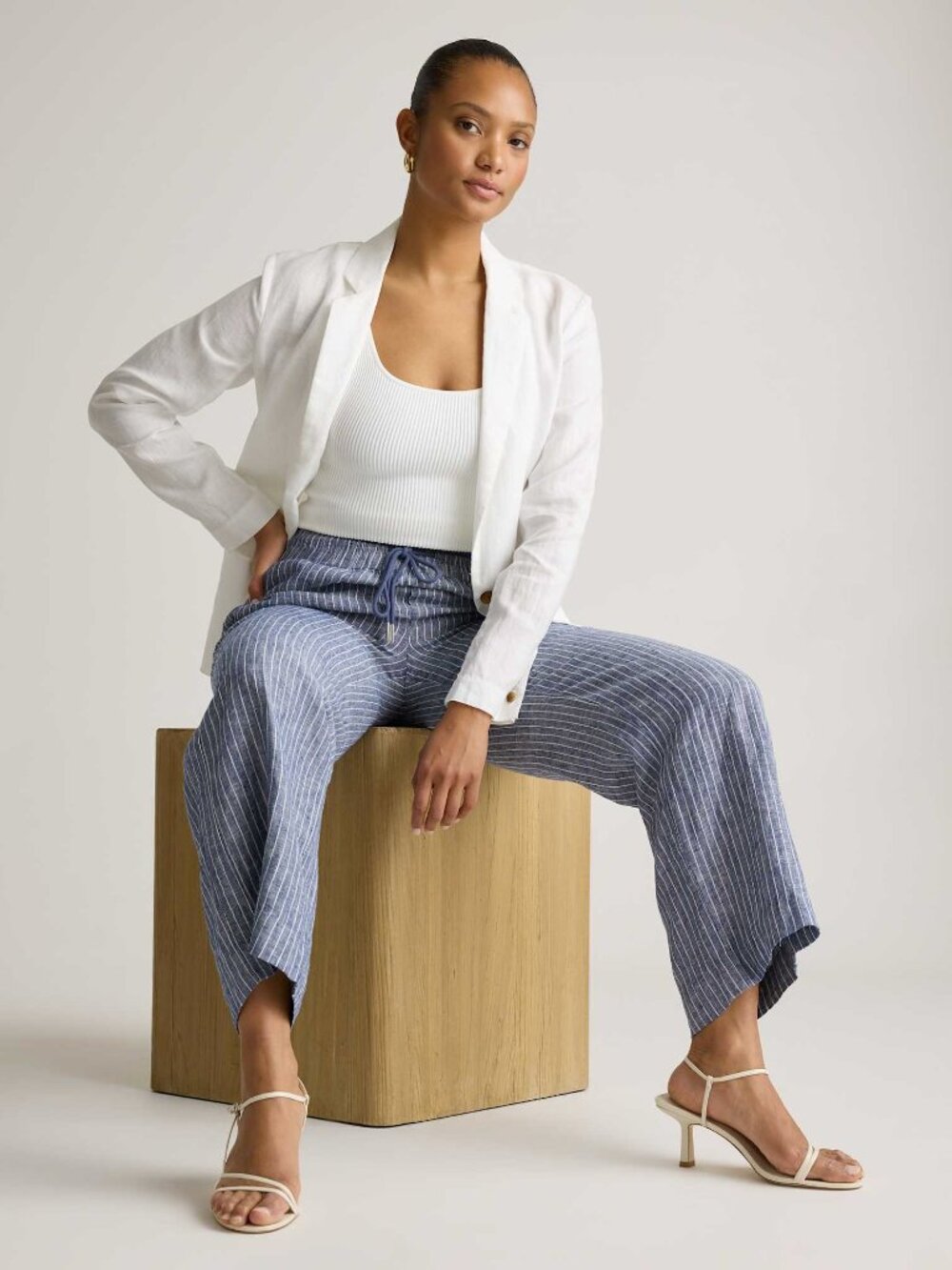 Linen Wide Leg Pants in Chambray Stripe - Picture 7 of 10